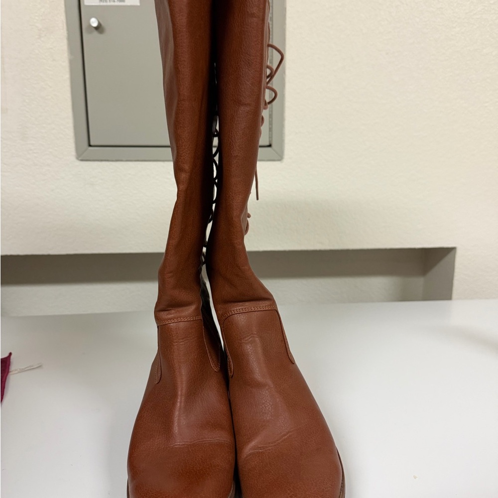 Over-the-Knee Lace-Back Brown Leather Boots